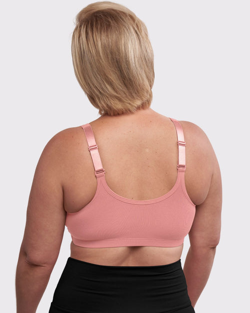 Blush / Flap Reconstruction & pocketed front closure bra with soft wire free cups and adjustable straps on diep flap model front view