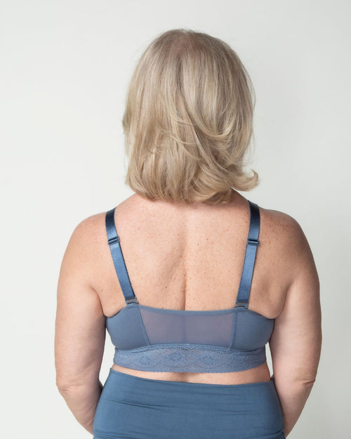 Slate / Au Natural & longline pullover bra with a lace trim, soft cups, mesh back, adjustable straps on model.