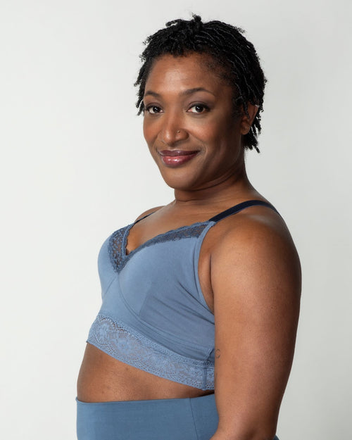 Slate / Implants & longline pullover bra with a lace trim, soft cups, mesh back, adjustable straps on model.