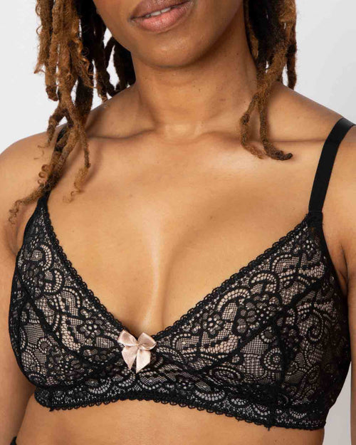 Black / Implants & pocketed lace soft cup bralette with adjustable straps on implant reconstruction model chest view