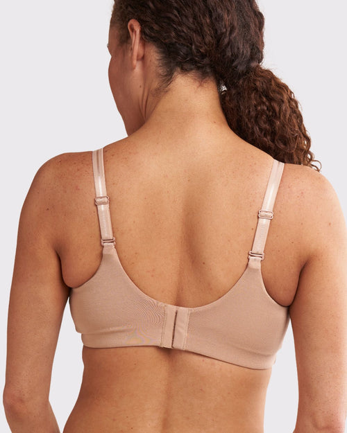 Sand / Lumpectomy & pocketed full coverage t-shirt bra with soft wire free cups, back hook closure and adjustable straps on Lumpectomy model back view