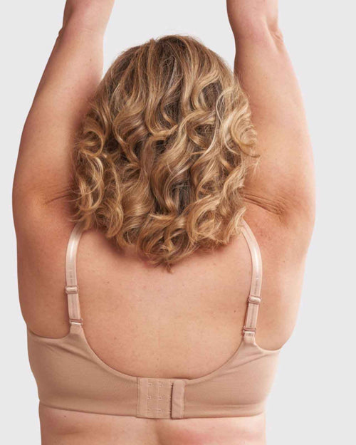 Sand / Lumpectomy & pocketed full coverage t-shirt bra with soft wire free cups, back hook closure and adjustable straps on Lumpectomy model back view