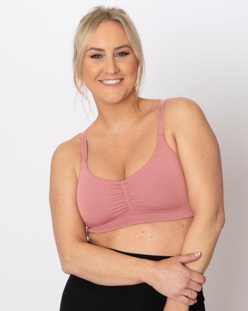 Blush / Au Natural & pocketed full coverage t-shirt bra with soft wire free cups, back hook closure and adjustable straps on au natural model.