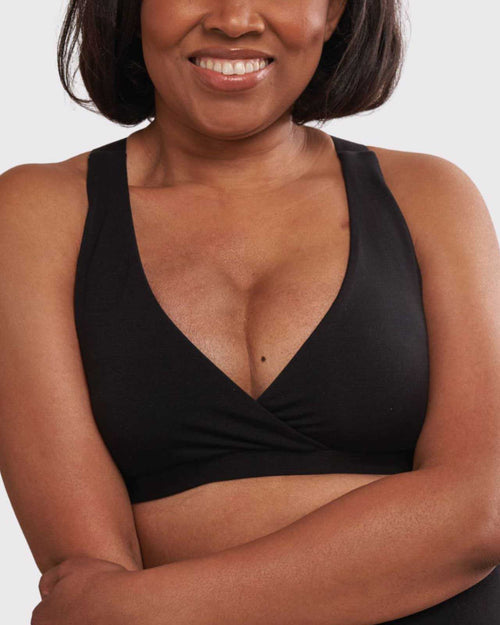 Black / Implants & pocketed pullover lounge modal bra on implant reconstruction model chest view