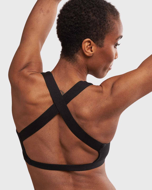 Black / Implants & pocketed pullover lounge modal bra on implant reconstruction model back view