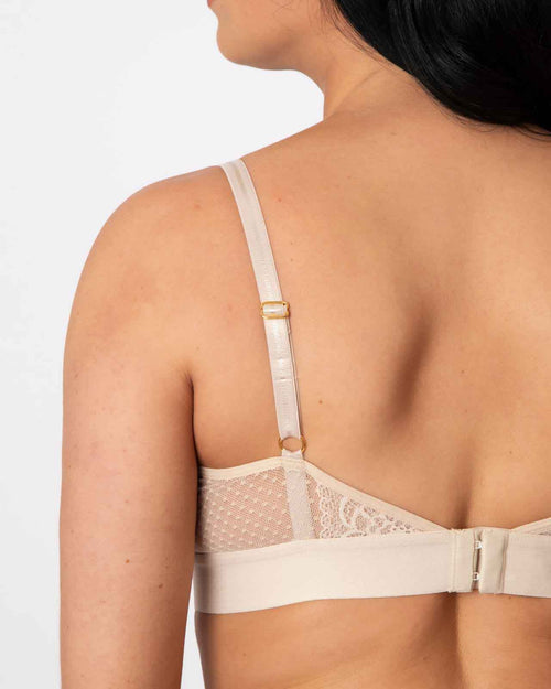 Champagne / Mastectomy & pocketed high cut neck lace bralette on mastectomy model back view