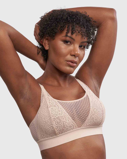 Champagne / Implants & pocketed high cut neck lace bralette on implant model front view