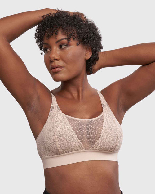 Champagne / Implants & pocketed high cut neck lace bralette on implant model front view