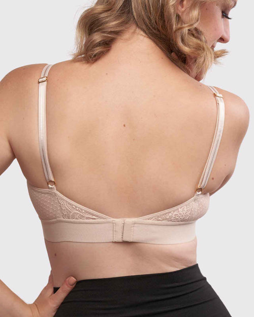 Champagne / Mastectomy & pocketed high cut neck lace bralette on mastectomy model back view