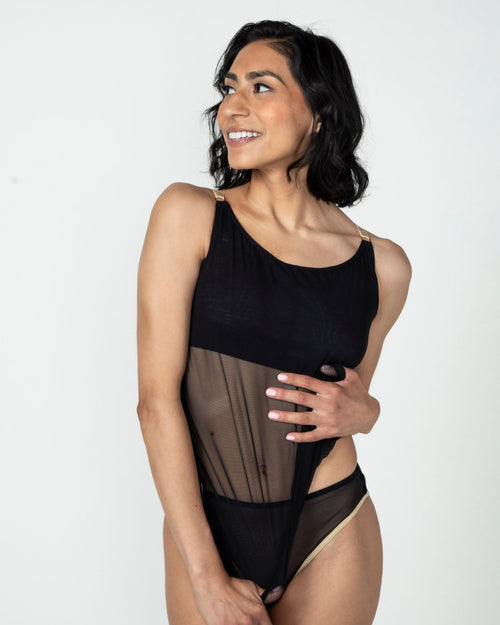 Black / Au Natural & pocketed mesh camisole with built in shelf bra for extra support, semi sheer lightweight fabric