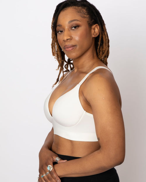 Ivory / Implants & molded cup bra contour chest with adjustable straps on implant reconstruction model side view
