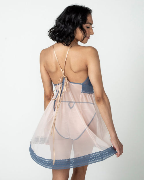 Slate / Lumpectomy & pocketed mesh babydoll lingerie with mesh detail and criss cross tie back