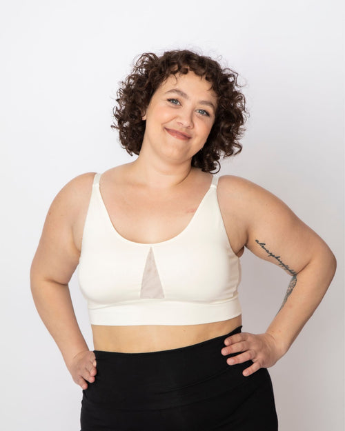 Ivory / Implants & pocketed leisure lounge bra with mesh side panels and underwire free design on implant reconstruction model front view