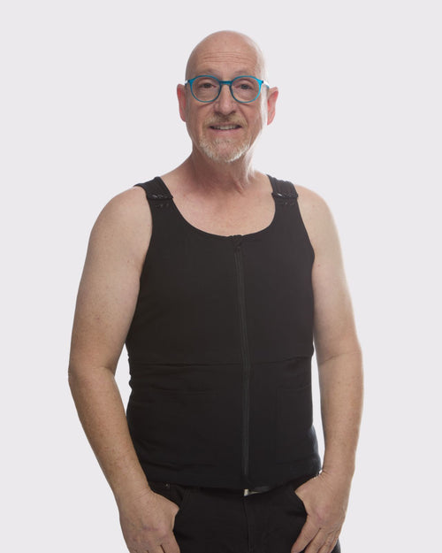 Black & front view of the uni-sex male mastectomy compression vest by AnaOno