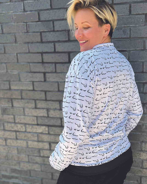 White & boob printed jacket with black detail, boob printed bomber jacket with pockets and graphic boob prints, back view