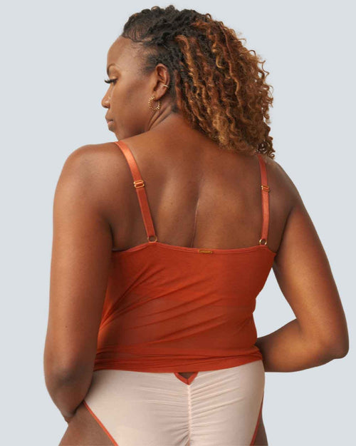 Terracotta-Final Sale / Flat & pocketed mesh camisole with built in shelf bra for extra support, semi sheer lightweight fabric