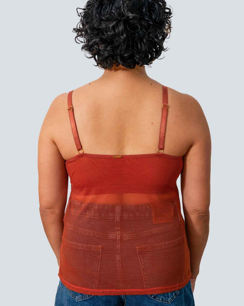 Terracotta-Final Sale / Flat & pocketed mesh camisole with built in shelf bra for extra support, semi sheer lightweight fabric