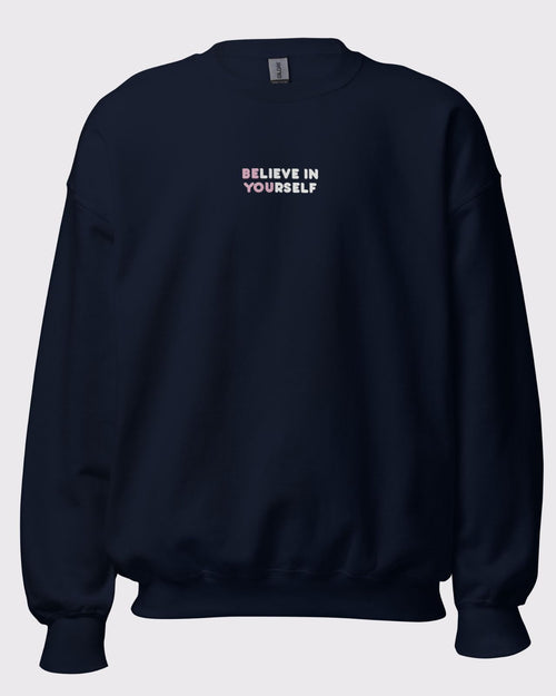 Navy & front view of the Believe in yourself crew neck