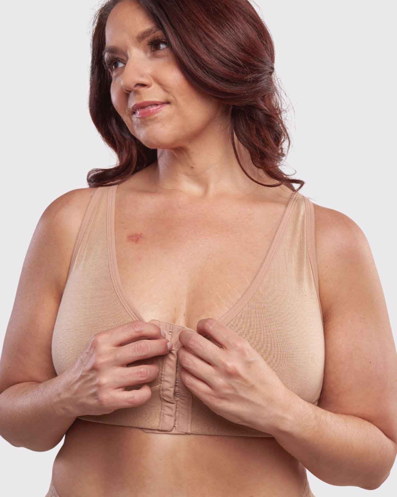 AnaOno Pocketed Front Closure Post Surgery Bra, Sand, Size XL